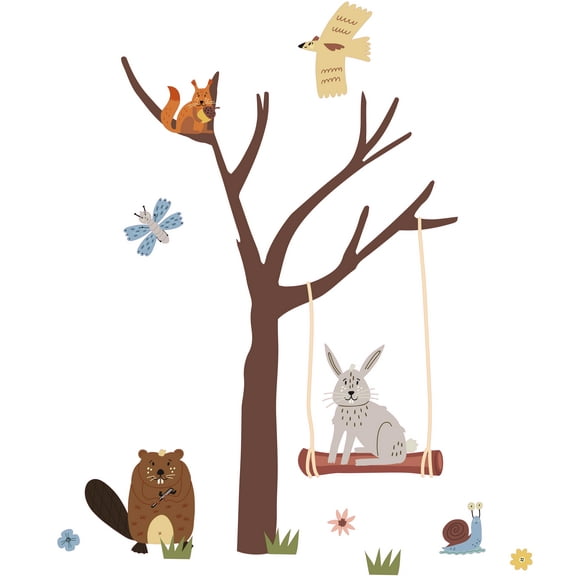 Adhesive Vinyl Home Art 20" x 22" Wild Woodland Animals Multicolored Clipart Wall Decoration Tree Swing Art Design Removable Vinyl Kids Bedroom Wall Decal Sticker