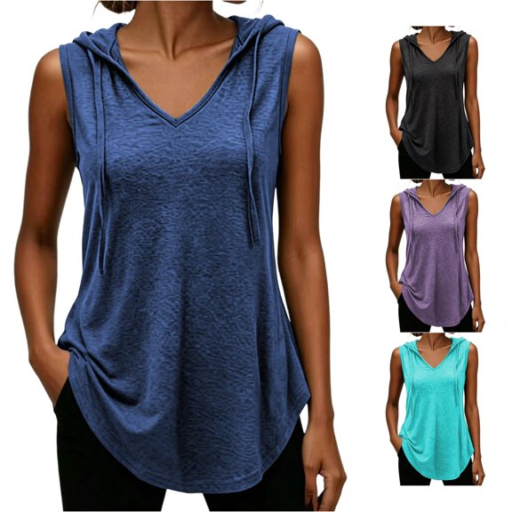 Rhuody T Shirts For Women Summer V Neck Tank Tops Sleeveless Solid Color Hooded T Shirt Basic Women Clothing Navy