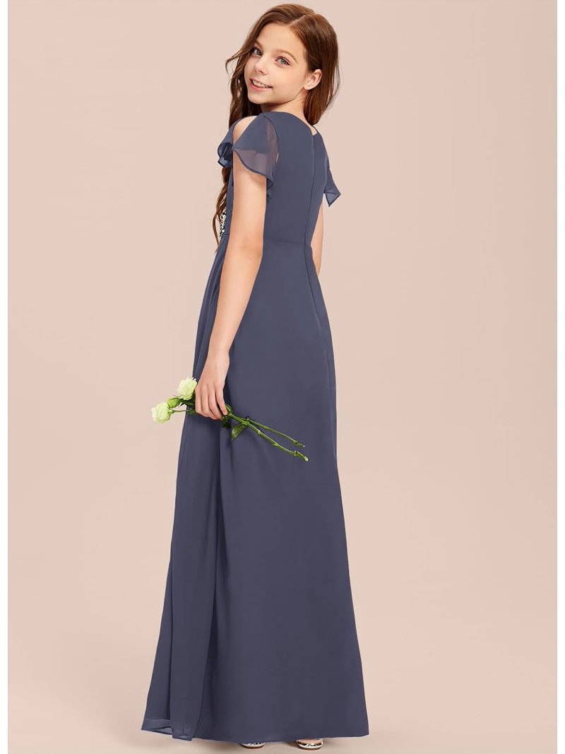 chinese dress ladies NumberSea-A-Line Scoop Neck Floor Length Chiffon Bridesmaid Dress Cowl Back with Ruching Pleats 4 / Blue main image 1