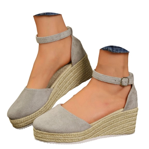 Closed Toe Espadrilles for Women Platform Wedge Sandals Comfortable Suede Ankle Strap Dressy Wedges Heels Gray Size 8.5