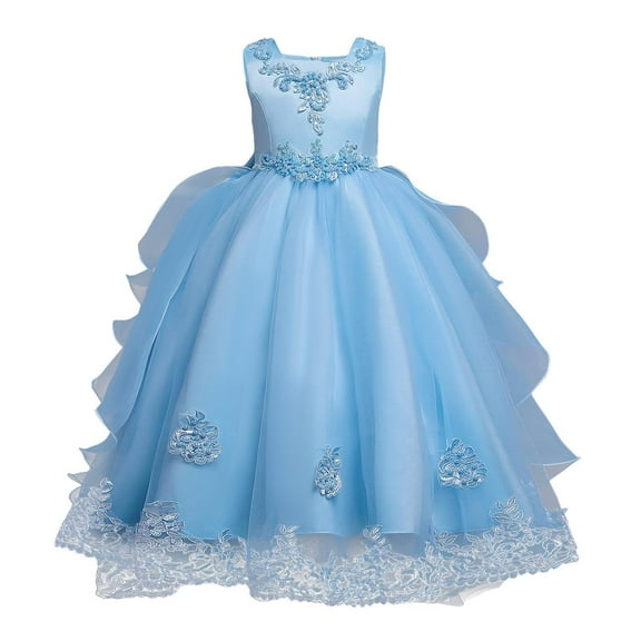 IBTOM CASTLE Toddler Kids Girls Flower Dress Formal Princess Puffy Tulle Dresses Bridesmaid Wedding Communion Birthday Party Pageant Maxi Prom Gown for Child 4-5 Years Light Blue