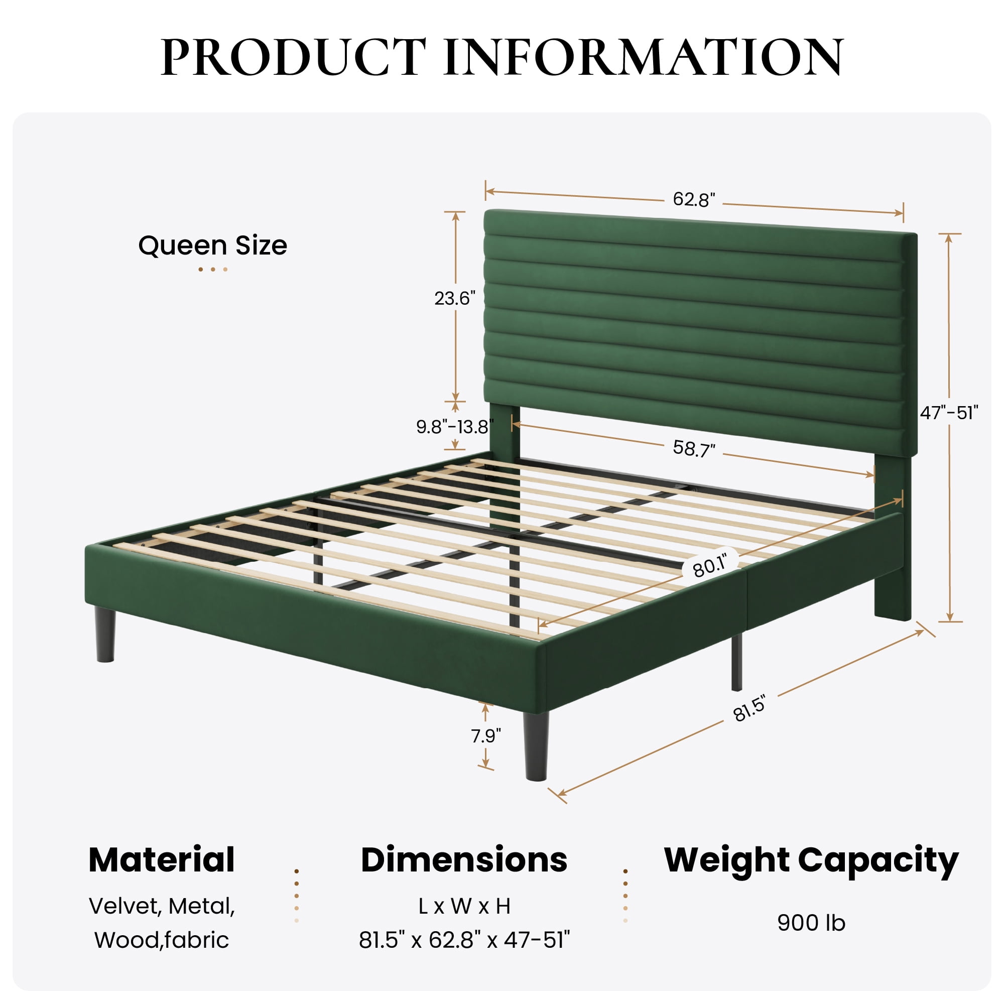 Sha Cerlin Queen Size Platform Bed Frame with Velvet Adjustable Headboard, No Box Spring Needed, Green