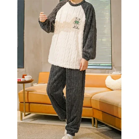 

Casual Crew Neck Embroidered Mixed Color White Black Home Pajamas Set