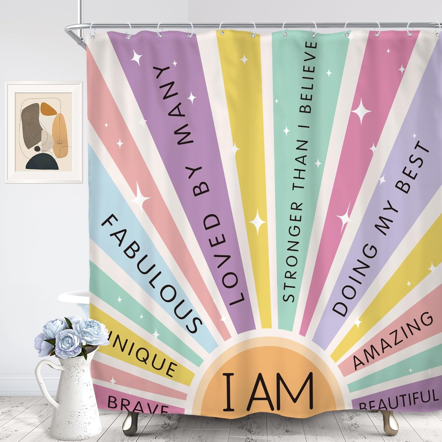 Kids Girls Shower Curtain 72Wx72L Inch Rainbow Boho Sun Colorful Quotes Retro 70s Cute Inspirational Words Motivational 12 Pack Hooks Polyester Waterproof Fabric Bathroom Bathtub Panels
