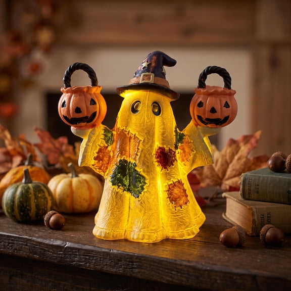Vintage Witch Figurine Halloween Decorations, Cute Halloween Night Light with Pumpkin, LED Resin Statue Vintage Decor for Home Shelf