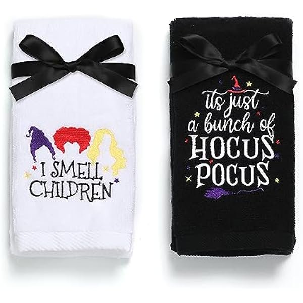 wonima01 Halloween Hand Towels 100% Cotton Embroidered I Smell Children, Hocus Pocus, Bathroom Kitchen Dish Towels Gift 14x29 Inch Set of 2