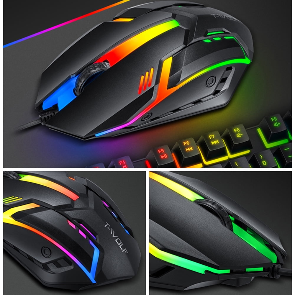 T-WOLF TF800, Computer Keyboards, Four-Piece Gaming Combo 104 Keys Keyboard 4-Color Breathing Light 3.5mm Gaming Headset, Compatible with mobile phone, tablet, laptop, PC, also compatible with XBOX One/XBOX One S, Switch, Black, 4, 1, 4