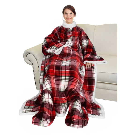 Sherpa Wearable Blanket with Sleeves & Foot Pockets for Adult Women Men, Comfy Snuggle Wrap Sleeved Throw Blanket Robe, Gift Idea, Plaid, 75" x 53"