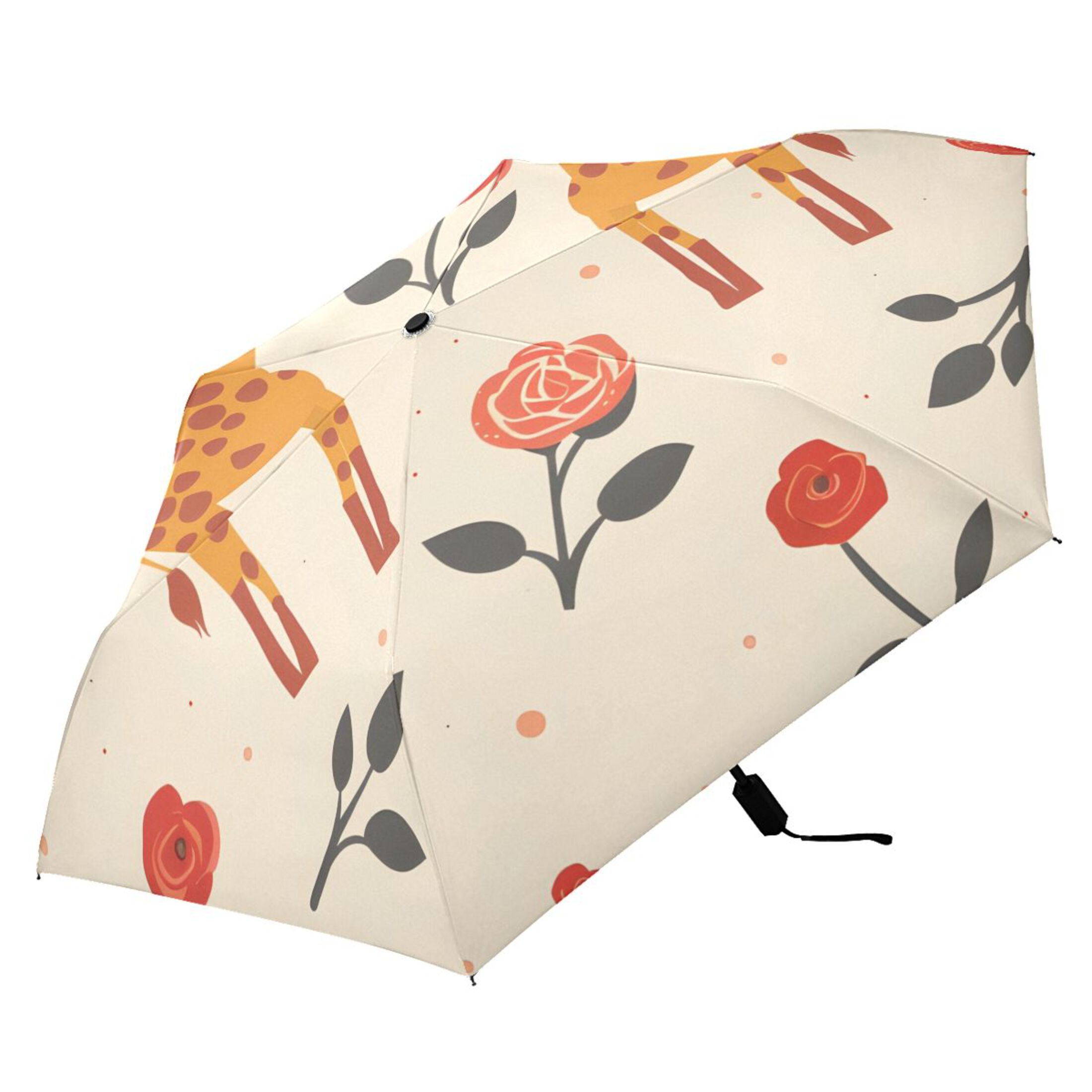 Cartoon Cute Giraffes Roses All Weather Umbrella Triple Folding Parasol 6 Ribs UV Protection Portable