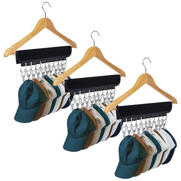 Hat Rack for Baseball Caps, 3Pack Hat Organizer, Hang Hat Hanger for Closet, Hat Storage Clips Holder for Ball Cap Winter Beanie & Accessories, Fits All Hangers (3PC Black)