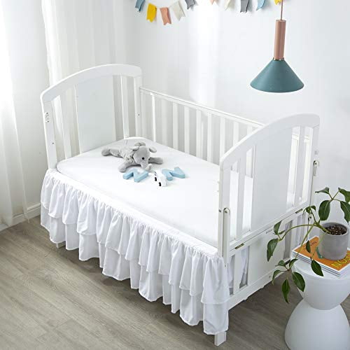 White Ruffled Crib Bed Skirt Double Layer Nursery Toddler Dust Ruffle Bedding Skirt 14" Deep Drop
