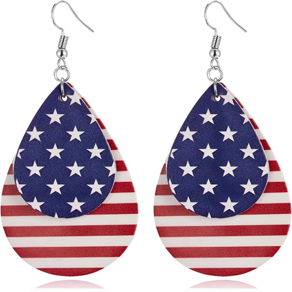 DESIGNICE American Flag Earrings for Women 4th of July Patriotic Earrings Cute Teardrop Faux Leather Dangle Earrings