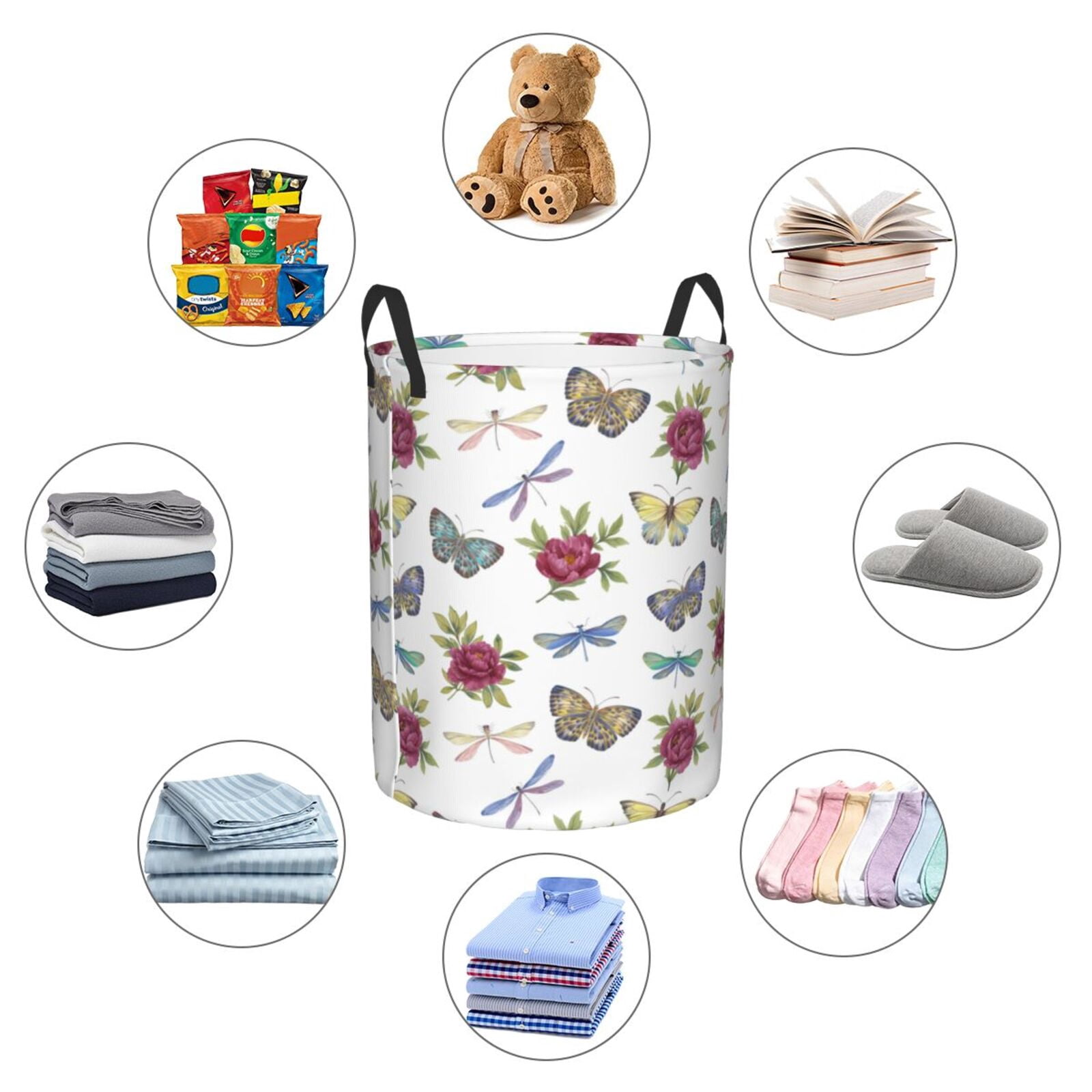 Large Laundry Basket with Handles - Carnation Butterfly Dragonfly Kids Baby Dirty Clothes Laundry Hamper for Bedroom Aesthetic