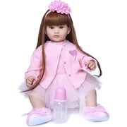 iCradle 24 inch 58cm Lovely Reborn Baby Dolls Girl Realistic Looking Lifelike Toddler Dolls Vinyl Soft Cloth Body Newborn Babies with Clothes Set Xmas Gift for Kids 3+