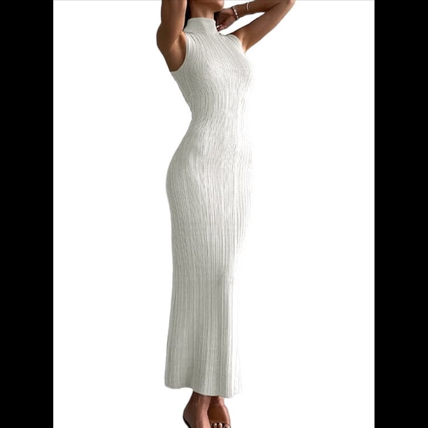 Vestido Informal de Punto Acanalado para Mujer, Sin Mangas, Ajustado, Elegante, para Salir A la Playa o Vacaciones. Crema L