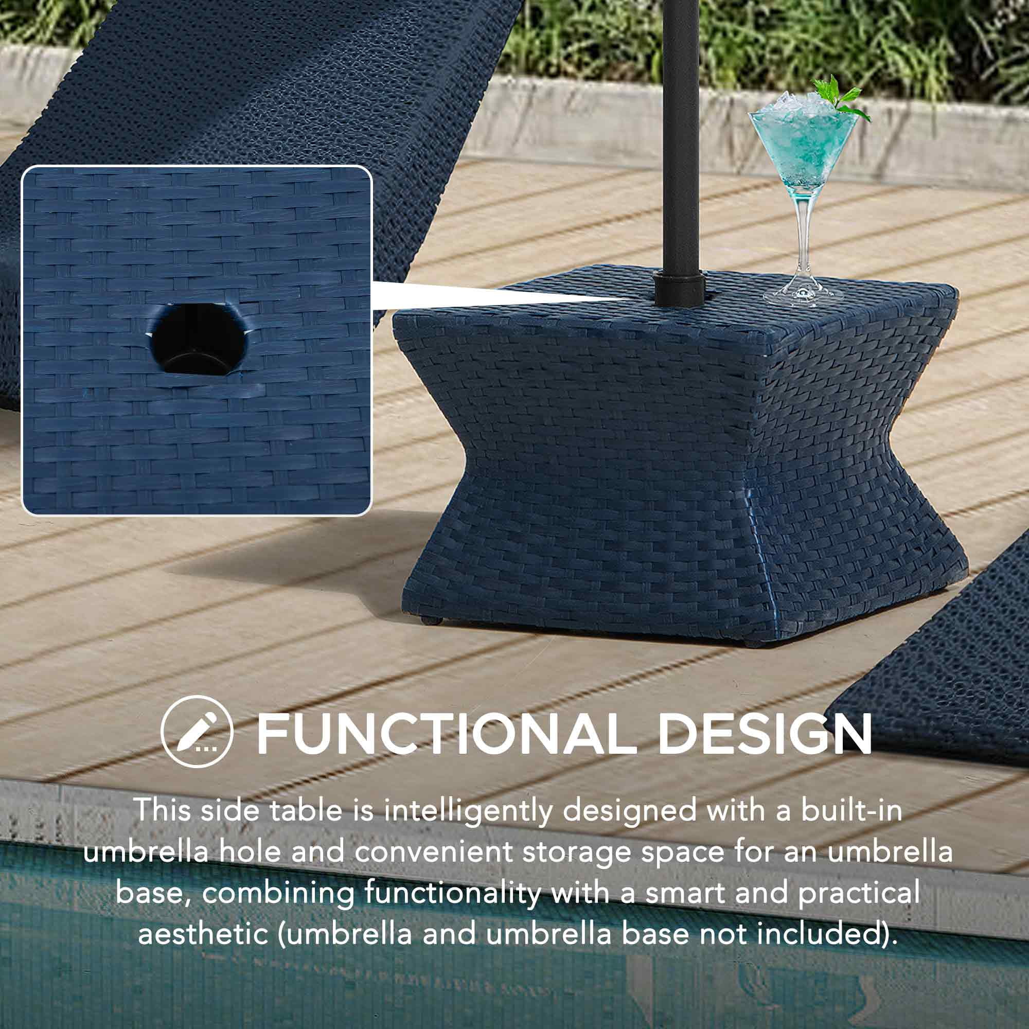 Outdoor Side Patio Table with Umbrella Hole, Sunjoy Poolside 16-Inch Rattan Wicker Square Combination Umbrella Stand Side Table, Navy