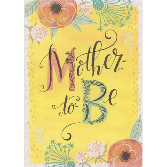 Designer Greetings Orange, Pink and White Flowers and Sparkling White Border on Yellow Background Mother's Day Card for Mother-to-Be