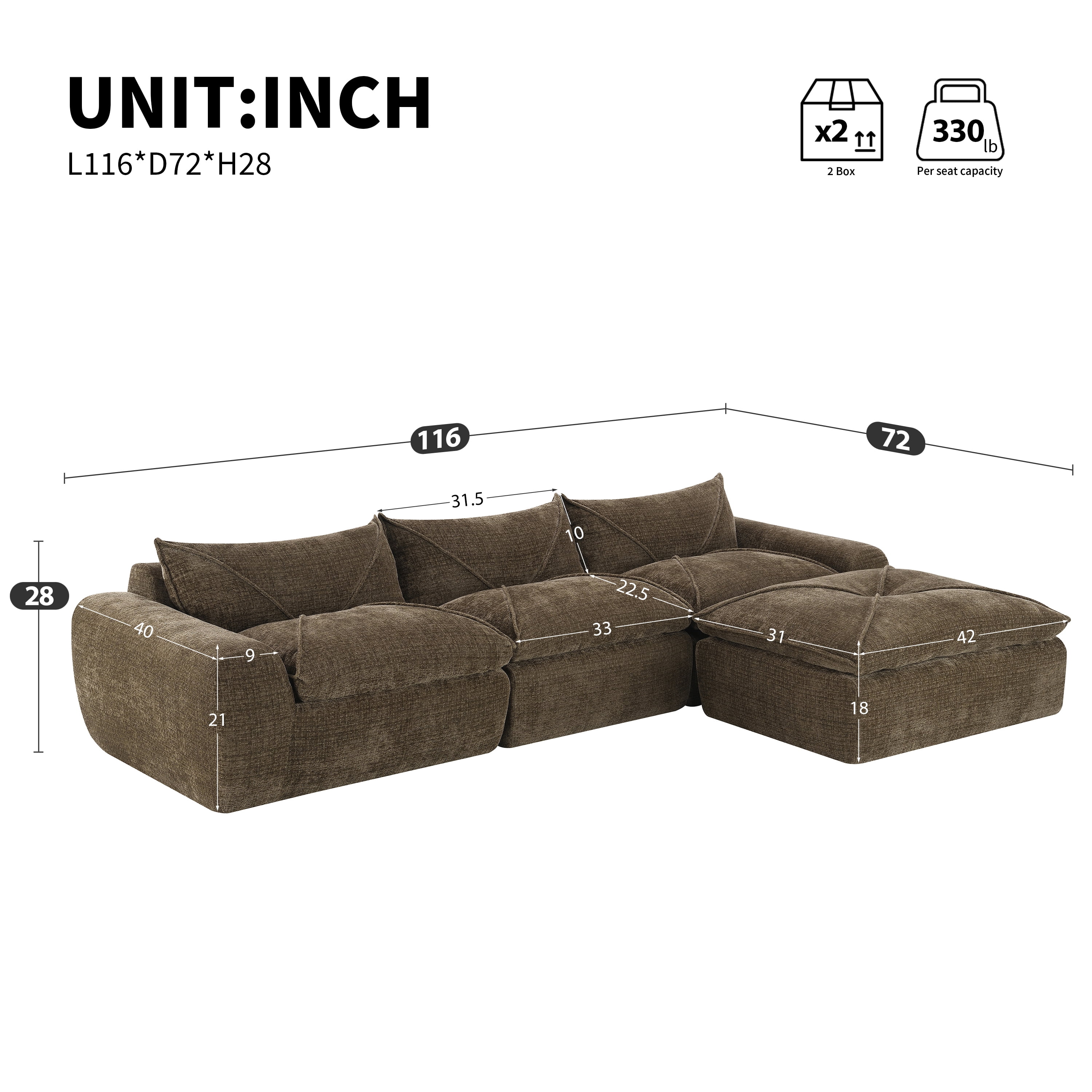 Euroco 116'' Fully Compressed Sofa with High Density Foam, Integrated Backrest&Seat Cushion, Decorative Edging, Legless Design without Frame, No Assembly Required, Free Combination