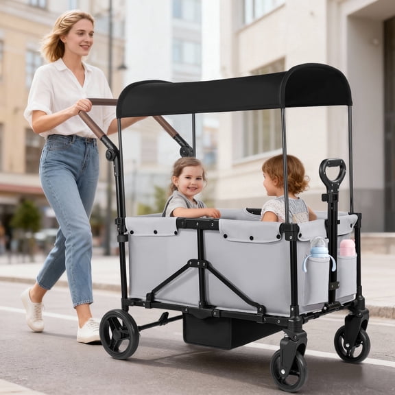 Tripland Wagon Stroller for Kids, 2-Seater Outdoor Baby Stroller with Canopy,Pull & Push Handle,Gray