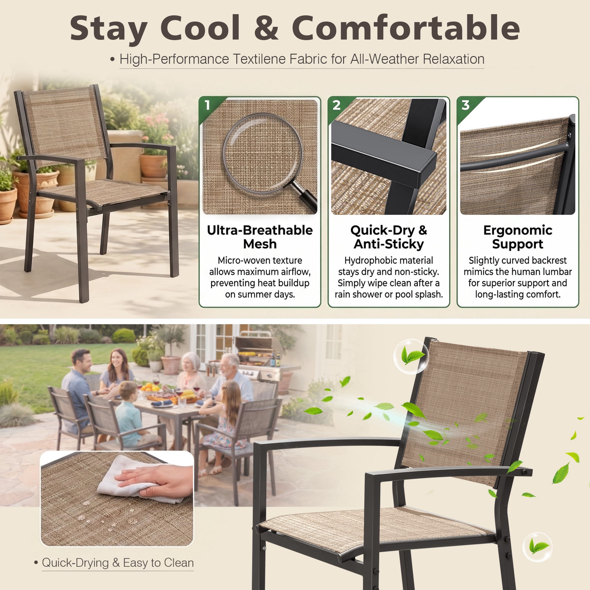 Vineego 7-Piece Outdoor Dining Set for 6, Easy-to-Store Textilene Patio Chairs Rectangular Metal Table for Backyard, Garden, Brown