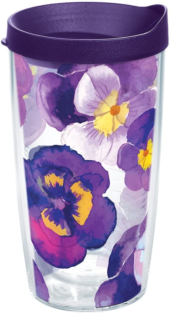 Pansy Flower Pot Stainless Steel 20 Ounce with Lid & Straw
