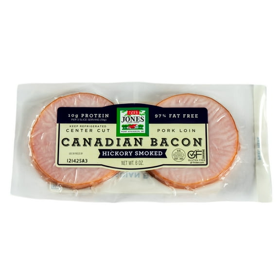 Jones Dairy Farm Hickory Smoked Canadian Pork Loin Bacon, 6 oz – No MSG, 97% Fat Free, Certified Gluten Free