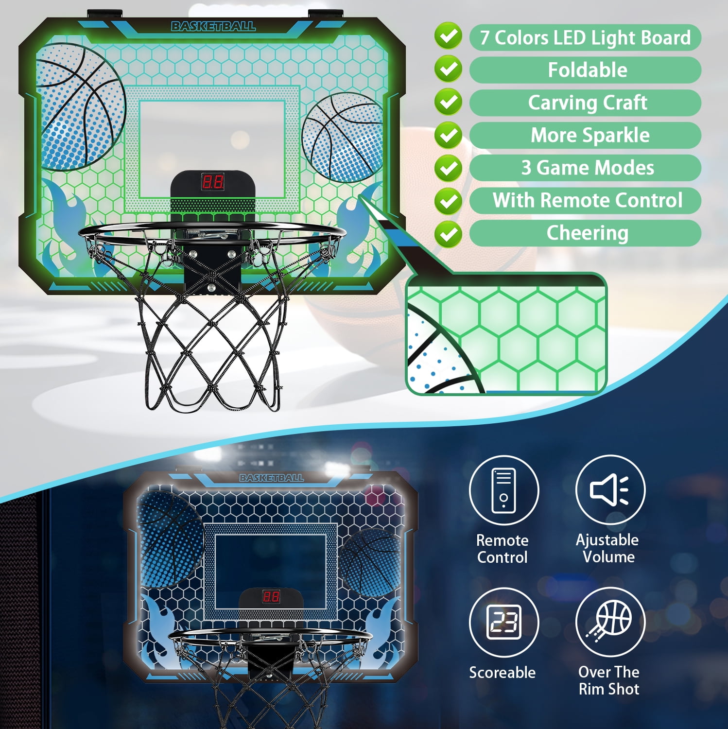 Indoor Basketball Hoop for Kids with 7 Color LED Lights, Remote Control, Over-the-Door Mount, Scoreboard - Gifts for 4-12 Year Old Boys & Girls
