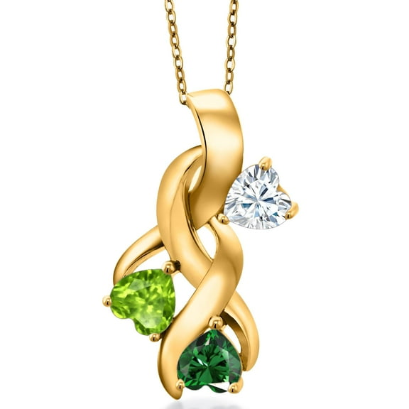Gem Stone King 18K Yellow Gold Plated Silver White Moissanite and Green Peridot and Green Nano Emerald Pendant for Women (1.42 Cttw, Gemstone, Heart Shape 5MM, 18 inch Chain)