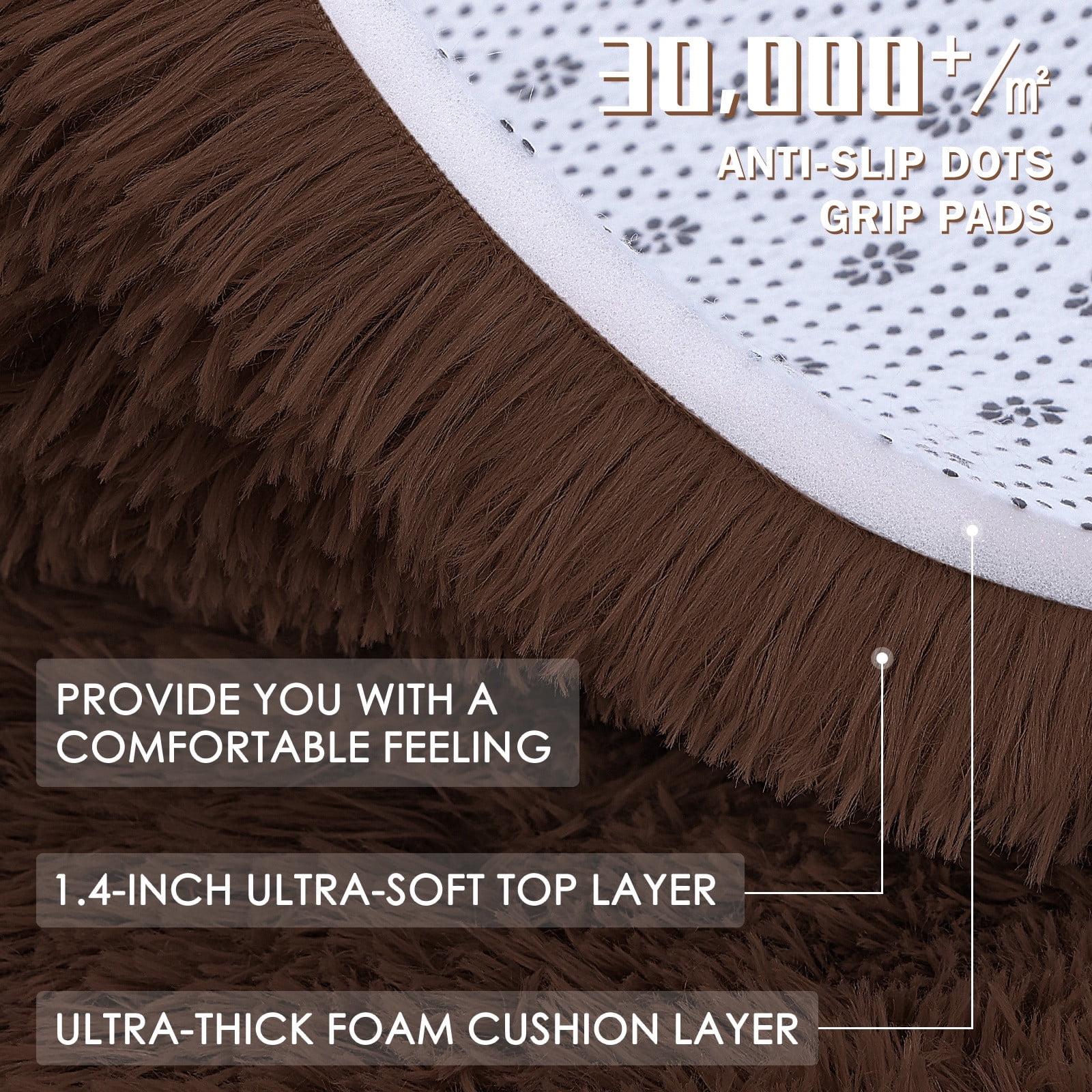 Buganda Fluffy Area Rugs, Round Area Rug for Living Room, Soft Decorative Carpet for Indoor Home, 4'x4', Coffee