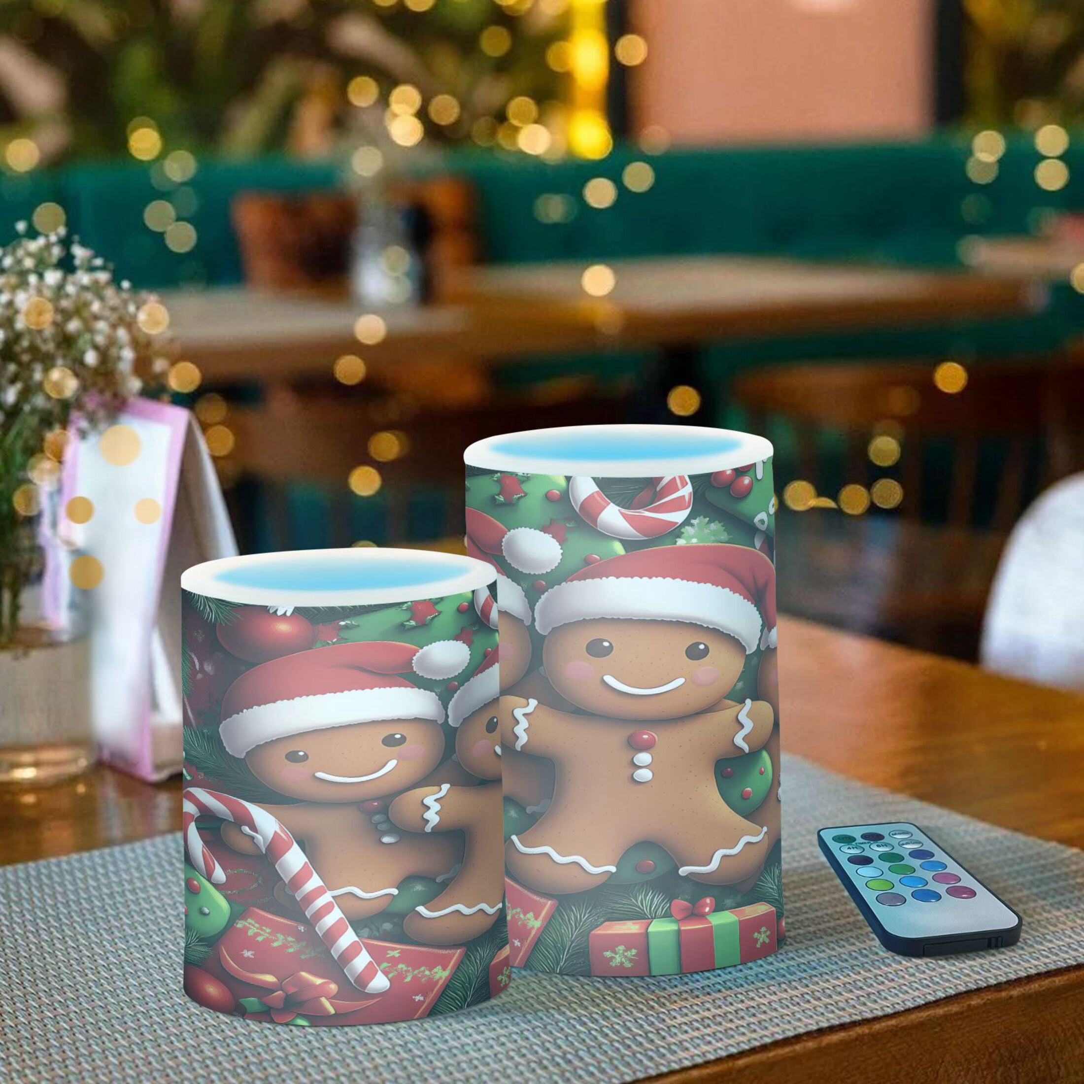 Flickering Flameless LED Candles set of 2 Battery Operated 18-Key Remotes Timer Halloween Fall Decor Christmas Gifts Gingerbread Men D3''xH4''5''