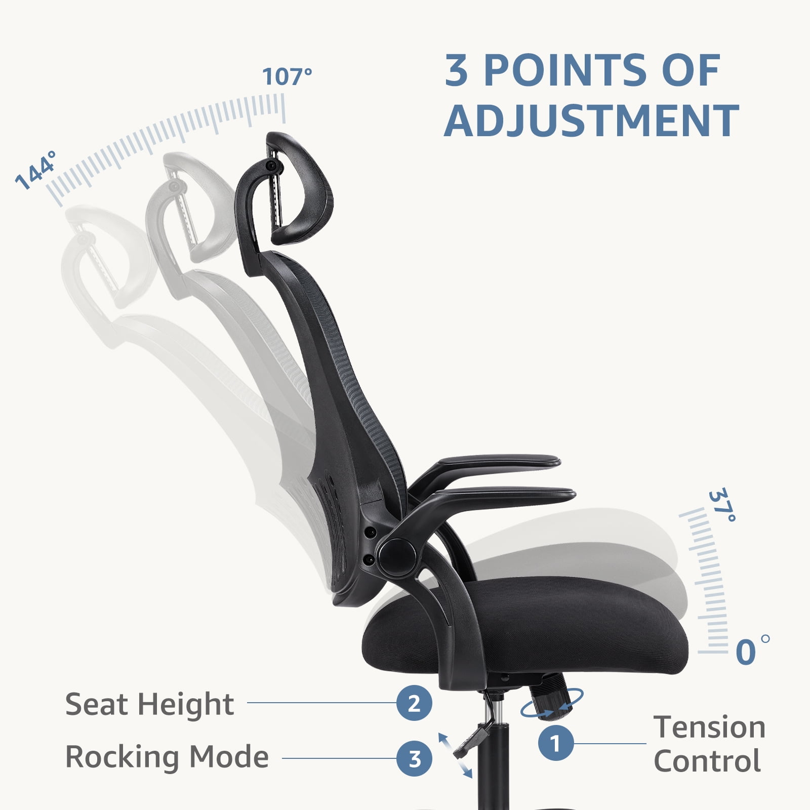 JIOABL Ergonomic Mesh Office Chair with Adjustable Lumbar Support, Flip-up Armrests, and Headrest for Customized Comfort – Black