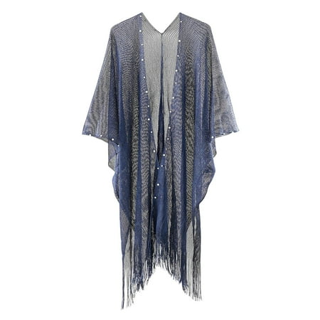Rigardu Hot Sale!! Cardigans for Women Boho Lightweight Mesh Fringe Beaded Swimwear Cover Up Open Front Casual Beach Cardigan Summer Beach Cardigan Bikini Smock In Long Clothing Blue One Size