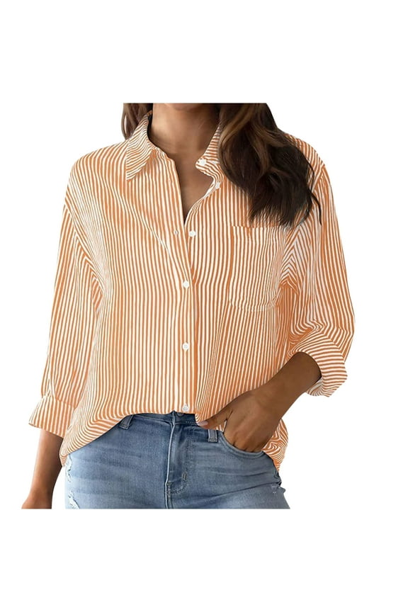 Light Weight Shirt for Women Fashion Vertical Stripe Button Down Shirt Dressy Casual Long Sleeve Work T-Shirt Blouses
