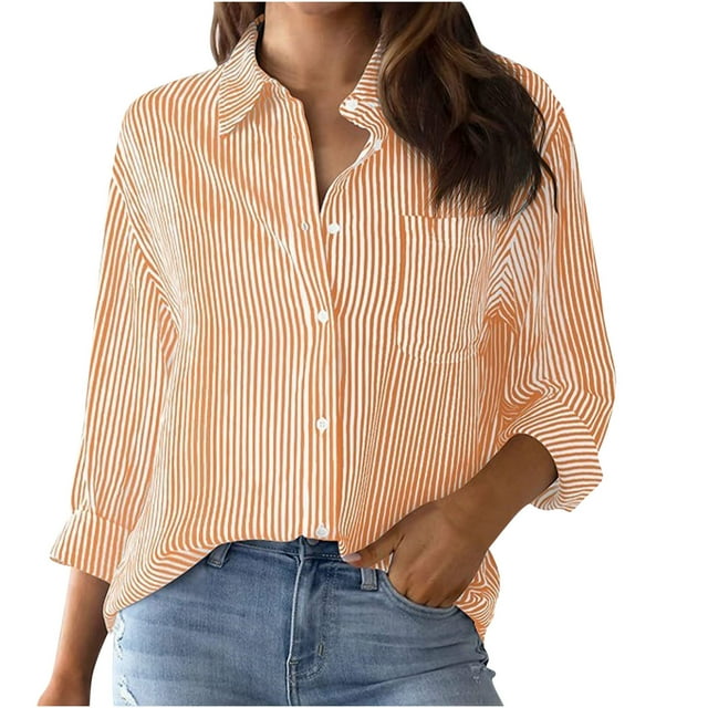 Yuyuzo Womens Button down Shirts Striped Classic Long Sleeve Lapel Office Work Blouses with Pocket