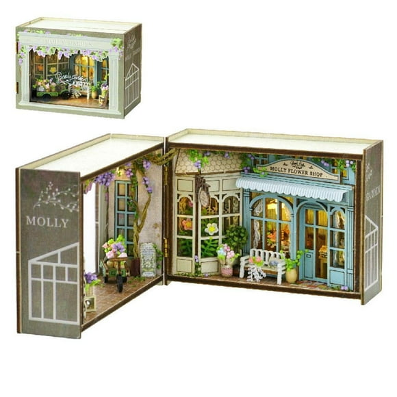 3D Wooden Book Nook Kit DIY Miniature House Book Nook Model LED Bookshelf Decor K0X4