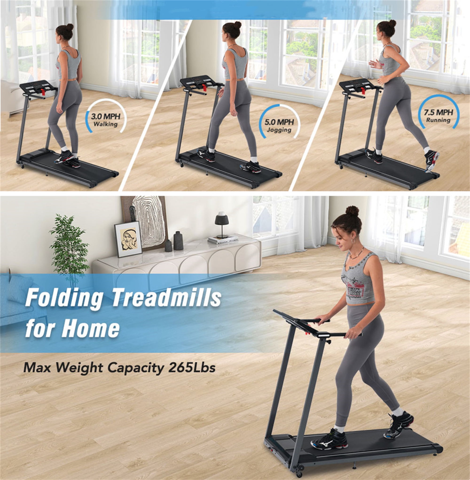 Aukfa Electric Folding Treadmill with Incline for Home Office 265 lb Capacity 7.5 mph Max Speed