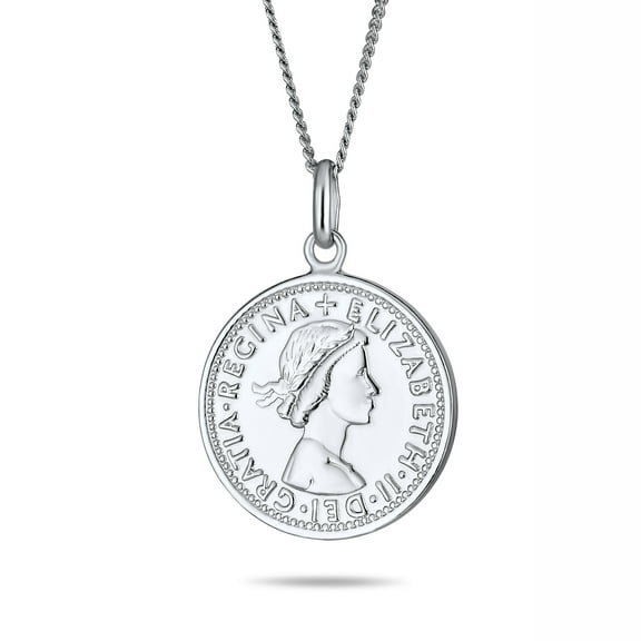 Bling Jewelry Womens Royal Coin Disc Pendant Necklace 1957 Queen Elizabeth Medallion Sterling Silver