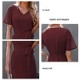 thumbnail image 4 of Vestido cruzado con nudo en la cintura, vestido informal de verano con manga corta y cuello en V para uso diario, vacaciones, playa, rojo vino S, 4 of 5