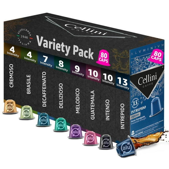 Cellini Caff Mixed Variety Aluminum Nespresso Pods, 8 Distintive Italian Flavors, 100% Nespresso Original Machine Compatible, 80 Count, Medium to Strong Roast Coffee Capsules