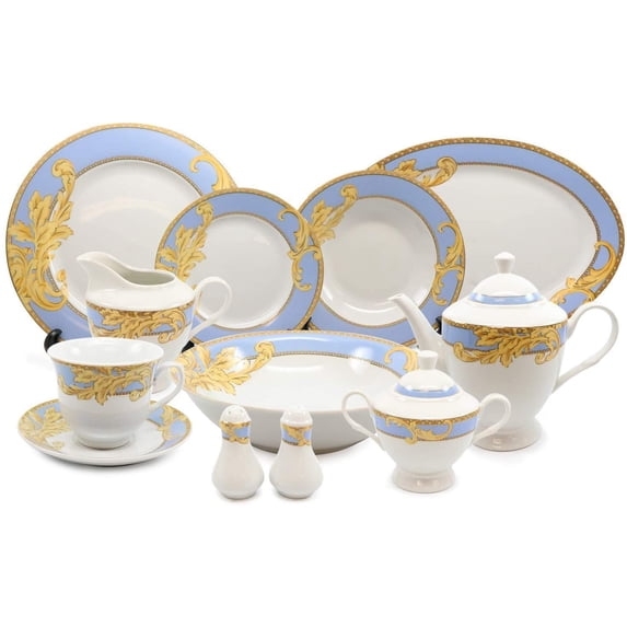 Imperial Gift, Royalty Porcelain Byzantine Dinner Set, 24K Gold Plated Ornament Serverware, Vintage Blue Banquet Set for 8, 49pcs