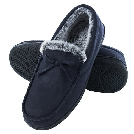 

Mens Memory Foam Moccasin Slippers Fuzzy Lining Soft Comfy Suede Mens House Indoor Bedroom Slippers Non-Slip