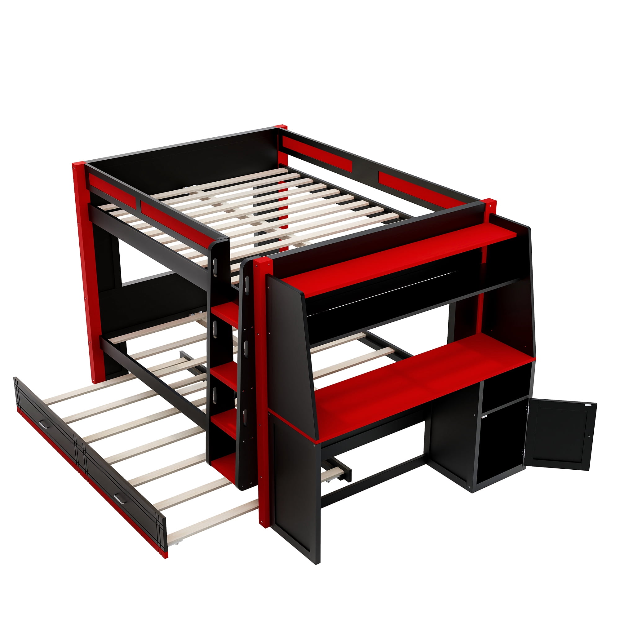 Euroco Wood Full over Full Bunk Bed with Desk and Shelves, Gaming Bed with Trundle and LED Lights, Red & Black