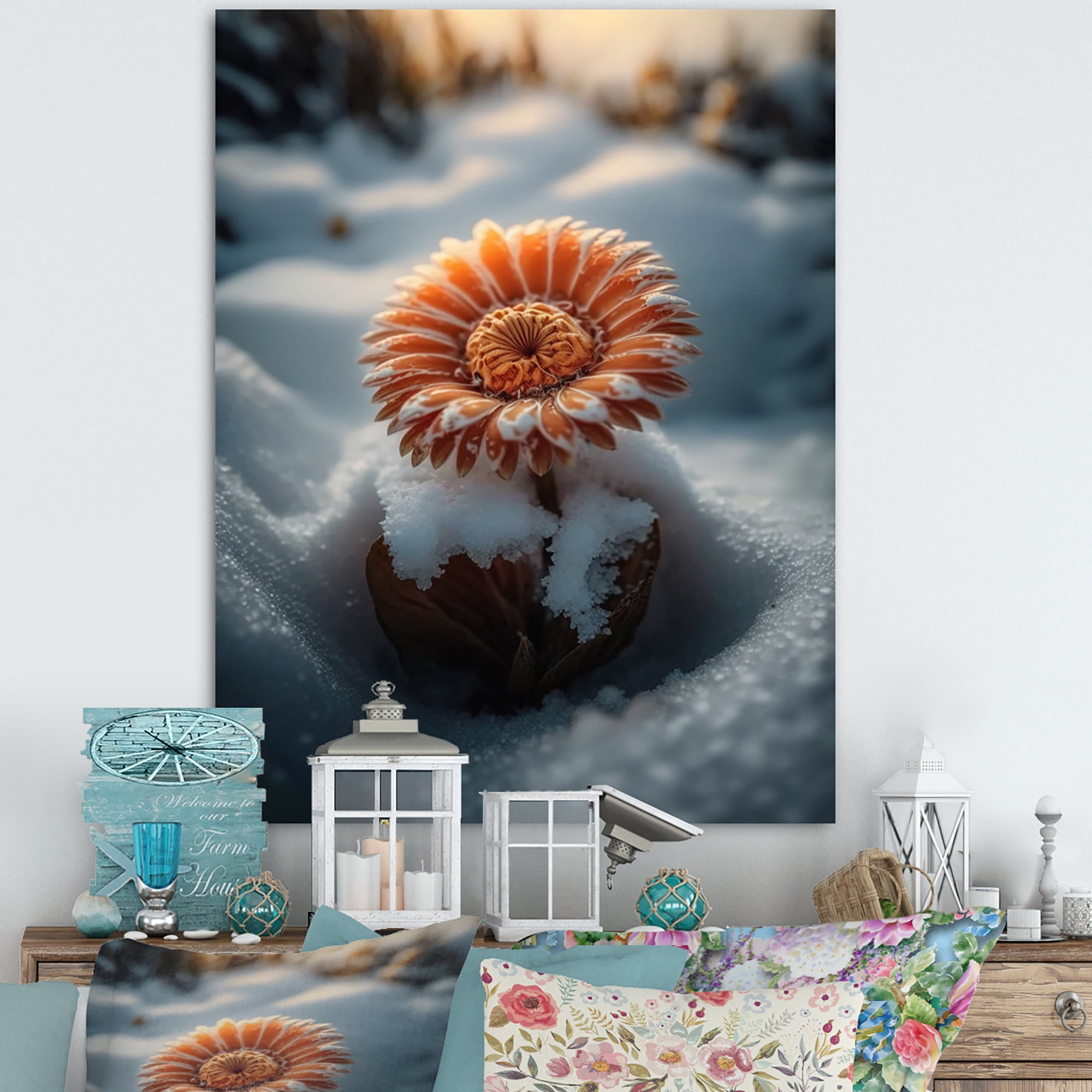 Designart A Blooming Light Orange Gerbera Flower In Winter II Canvas Wall Art