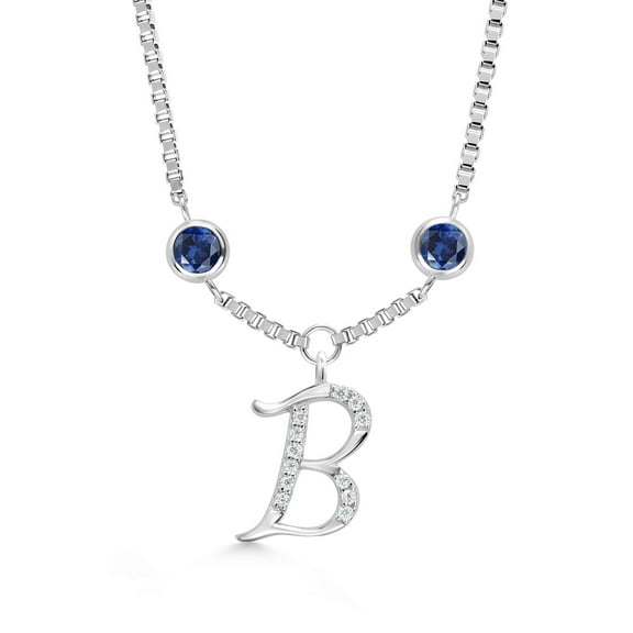 Gem Stone King 925 Sterling Silver Initial Letter Charm Pendant Necklace for Women with Moissanite and Created Sapphire - Elegant Dangling Design on 18 inch Box Chain