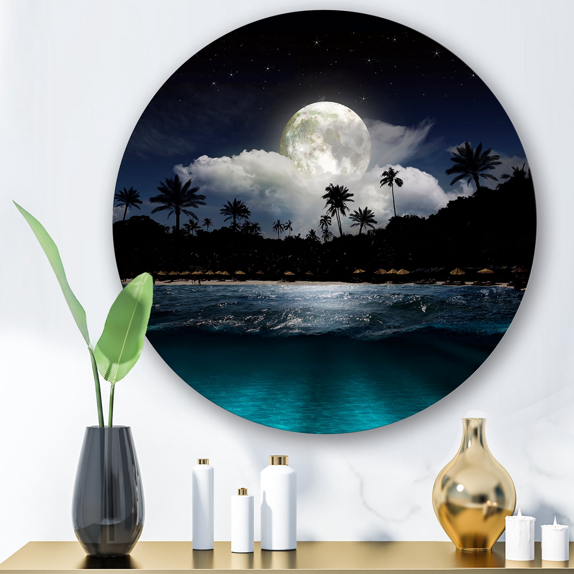 Designart 'Green Beach Under Tropical Full Moon' Modern Circle Metal Wall Art 11x11 - Disc of 11