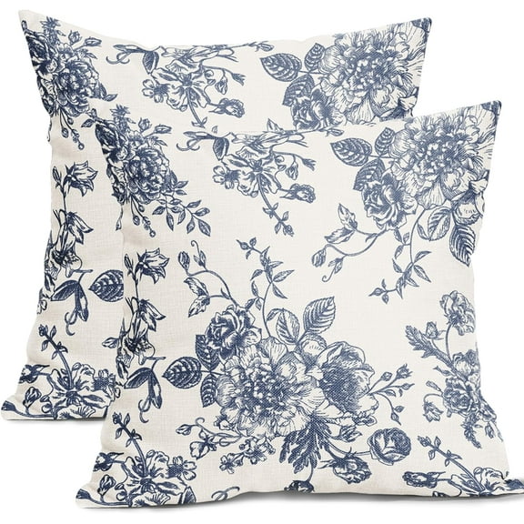 Vintage Floral Pillow Covers 18x18 Inch Set of 2 Navy Blue and Cream Floral Throw Pillow Covers Chinoiserie Flower Pillowcases Farmhouse Cushion Covers for Couch Bed Sofa Chair Home Decor