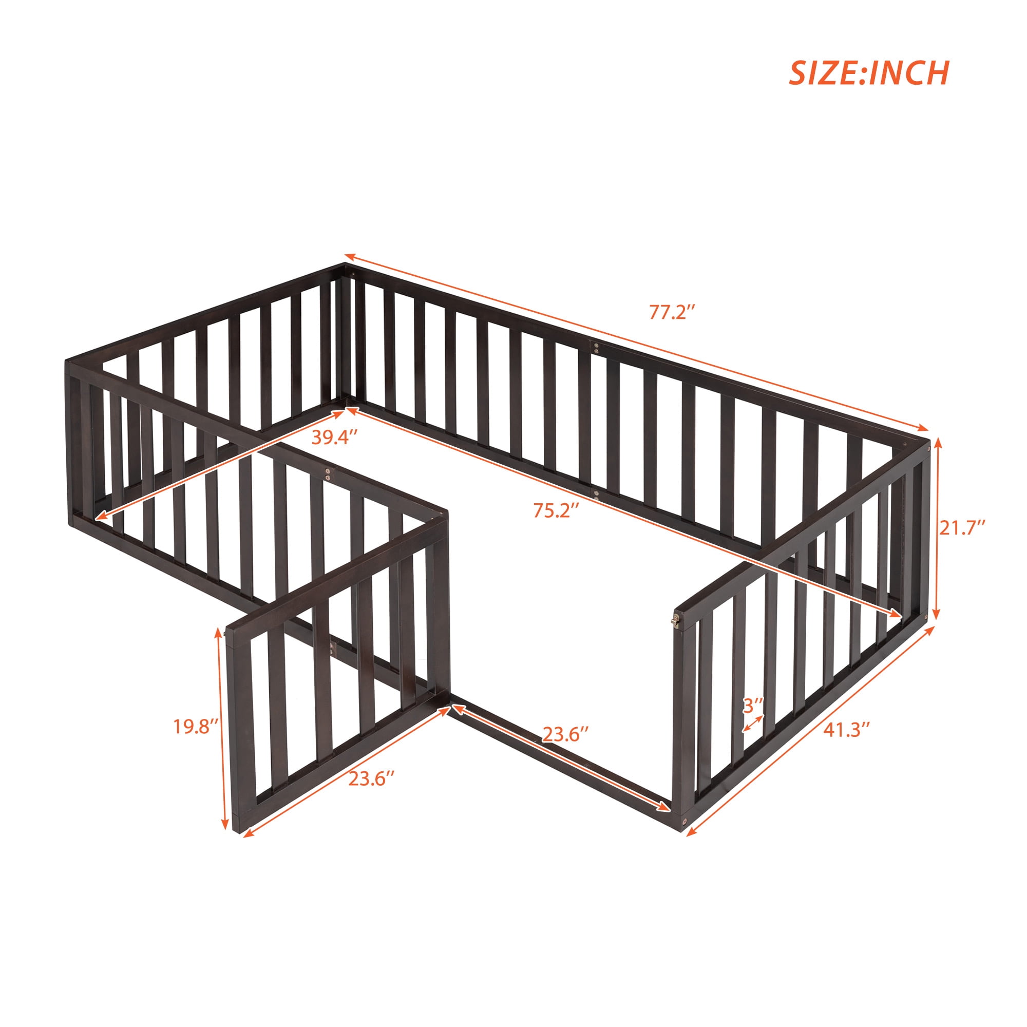 Bellemave Twin Size Floor Bed with Fence and Door, Wood Montessori Bed Frame, Floor Bed Frame, Slats Not Included (Twin,Walnut)