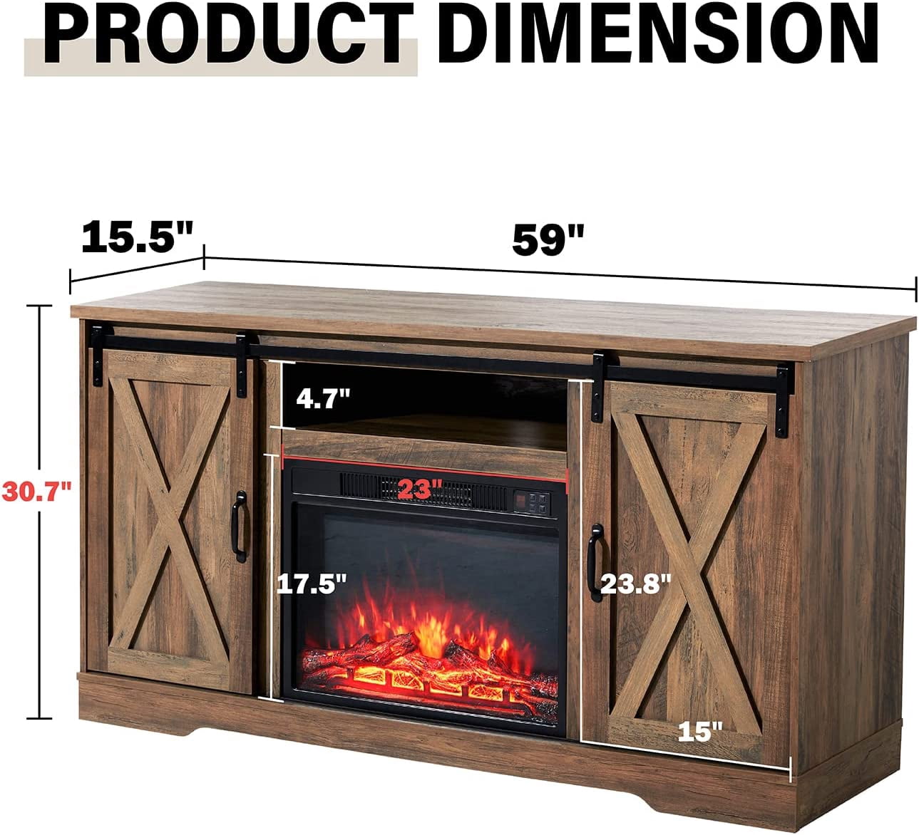 VANACC 59" Farmhouse Fireplace Entertainment Center with Adjustable Shelves，Barnwood, TV Stand with Sliding Barn Door for TVs up to 65"
