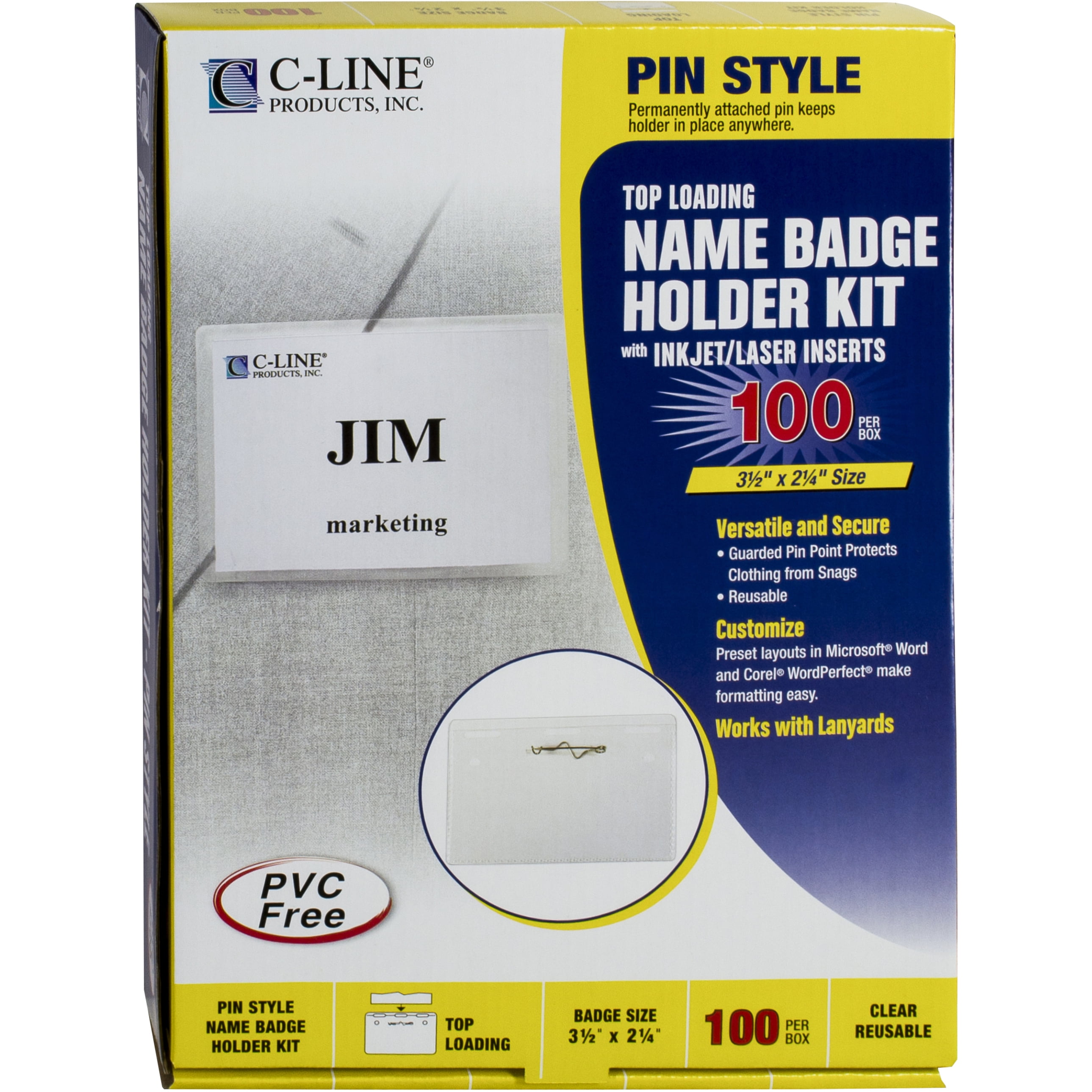 Times up Pin Name Badge Kit with Laser Inkjet Printable Insert, 3.5" x 2.25", Vinyl, Clear, Pack of 100
