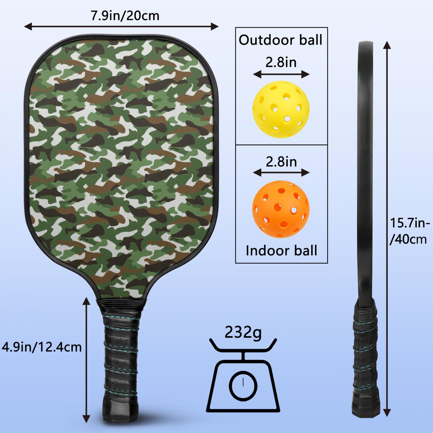 Pickleball Paddles Set Of 2, Fiberglass Surface, Camouflage Print, 4 Balls & Bag